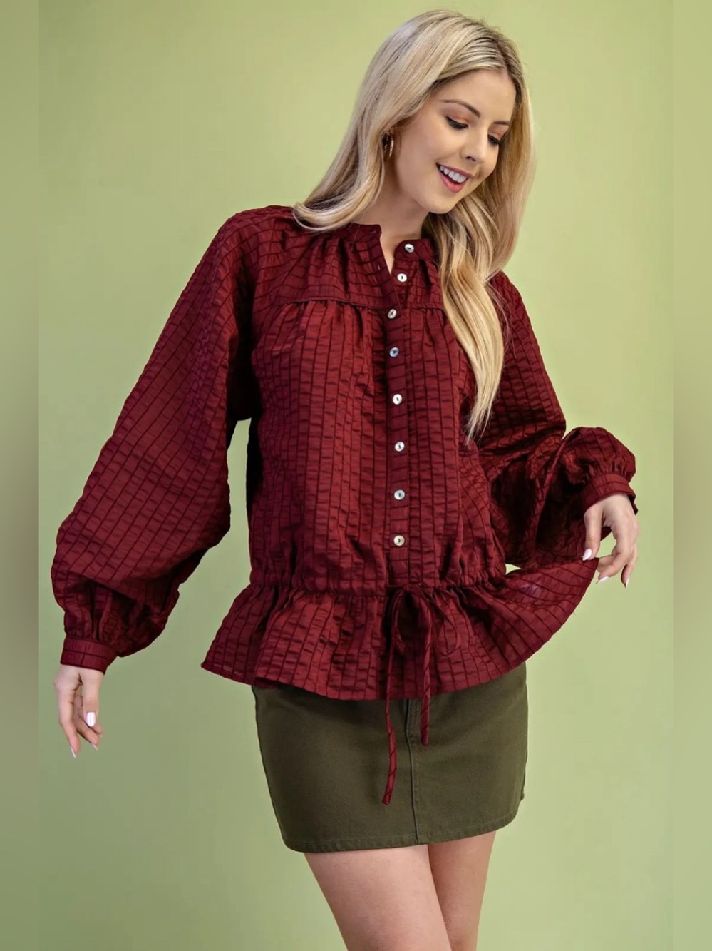 GIGIO Wine Textured Drawstring Peplum Blouse - Picture 4 of 5